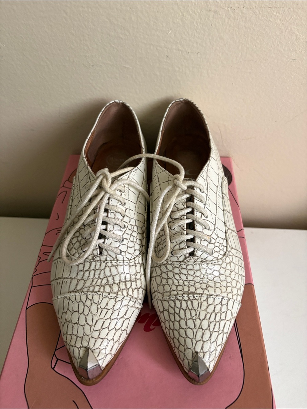 Jeffrey Campbell White Croc Lace-Up Flats with Metallic Toe Cap